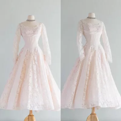 Vintage Wedding Dresses Tea Length 1950s Lace Long Sleeves Retro Bridal Gowns • $159.02