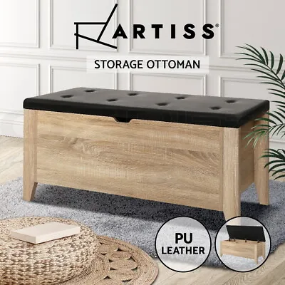 Artiss Storage Ottoman Blanket Box Bench Leather Chest Couch Foot Stool Oak • $89.95