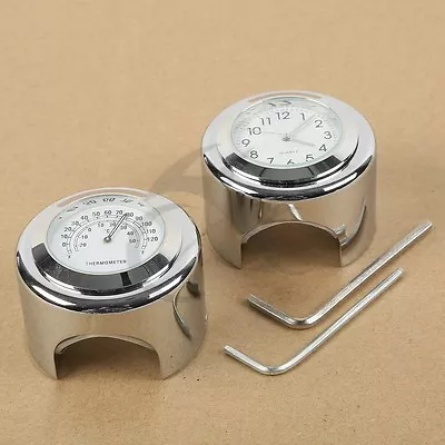 7/8'' 1'' Motorcycle Bike Handlebar Mount White Dial Clock & Thermometer Temp US • $10.04