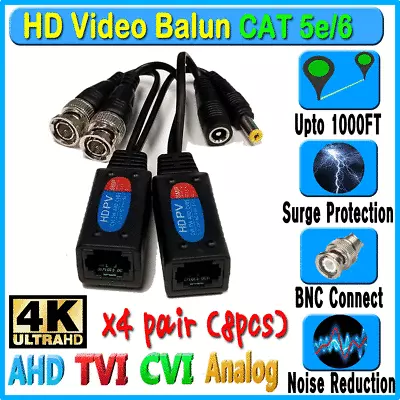HD Balun 4pair 8pcs CCTV BNC Video Power CAT5e 6 Surge Protect 1080P 5mp 8MP • $23.99