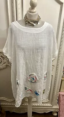 Made In Italy Bnwt White Cotton Embroidered Boho Tunic Lagenlook 12-16 • £4.99