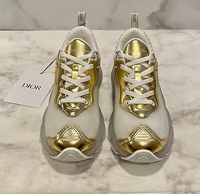 NIB Women’s Authentic Dior Vibe White & Metallic Gold Mesh And Leather Sneakers • $1059