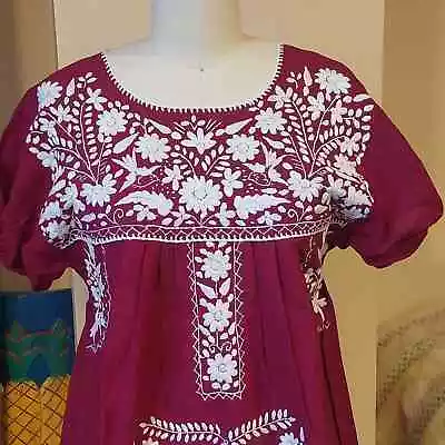 Vintage Oaxaca Mexican Embroidered Dress Bohemian Prairie Floral • $45