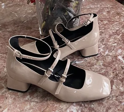 NWT Zara Maryjane Strappy Buckle Block Heels Nude Shoes Size 37/ US 6.5 • $99.99
