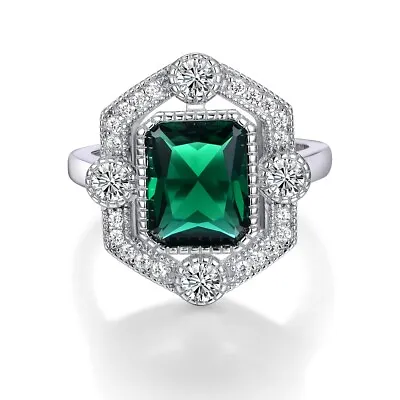 Ladies Handmade Sterling 925 Fine Silver White Sapphire & Emerald Cocktail Ring • £32.39