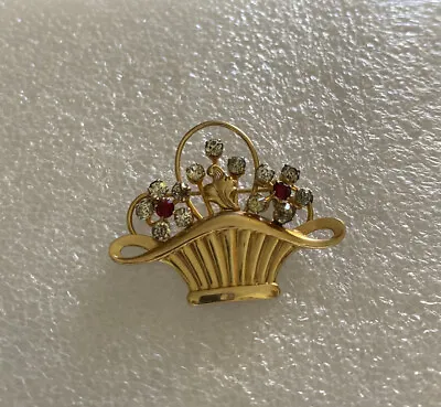 Van Dell 1/20 12K GF Gold Signed Flower Basket Brooch Pin Rhinestones Red Clear • $18.25