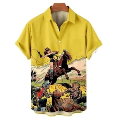 Mens Vintage Style Graphic Fantasy Button Down COWBOY Art Shirt Size: XXL - NEW • $26.80