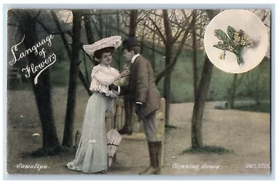 Language Of Flowers Postcard Couple Romance Cowslip Winning Grace C1910's Posted • $9.72