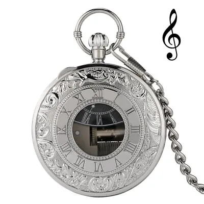 Silver Swan Lake Musical Pocket Watch Music Roman Numerals Display Pendant Chain • $16.91