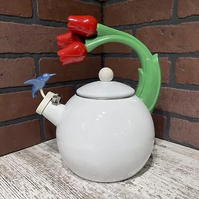 $770 • Buy Vintage Teapot Ancona Hummingbird Tulips Kettle White W Red Green Blue