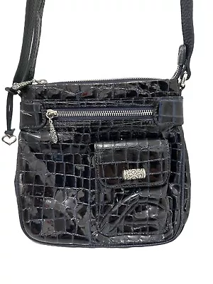 Brighton Purse Cher Croc Embossed Dark Navy Blue Black Patent Leather Crossbody • $28.80