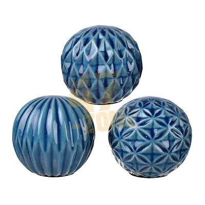 Ceramic S/3 Marbleized Ball Accents Blue Patterned Indoor Home Decor Tabletop • £52.69