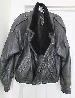 EAGLE USA Leather Bomber Jacket Coat Faux Fur Motorcycle Biker Distress Green M • $68.95