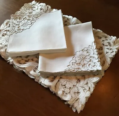 Set Of 10 VINTAGE MADEIRA CREAM LINEN EMBROIDERED PLACEMATS & NAPKINS—VG Cond. • $150