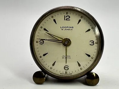Antique LOOPING 15 Jewels 8 Day Travel Alarm Clock Switzerland Brass • $97.60