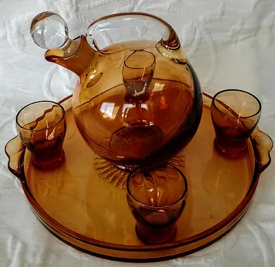 CAMBRIDGE Rare Early Deco Amber Glass  Absinthe  Decanter W/4 Glass Set • $325