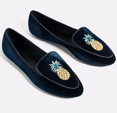 $49.90 • Buy Zara Woman Slippers Flat Velvet Shoes Embroidery Detail Navy Blue Ref.1353/201 