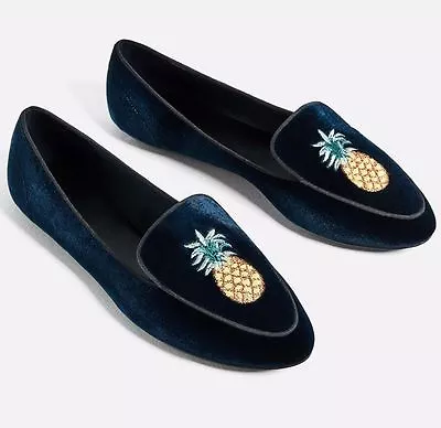 Zara Woman Slippers Flat Velvet Shoes Embroidery Detail Navy Blue Ref.1353/201  • $49.90