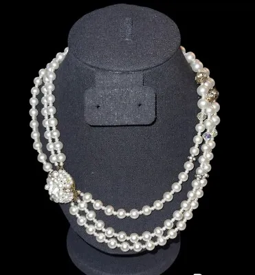 Vintage 3 Strand Faux Pearl Necklace Rhinestones Embellished Statement Classic • $29.99