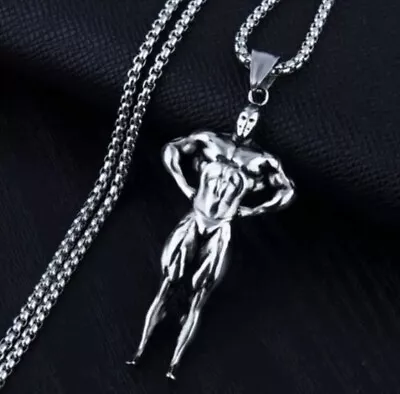 Titanium Silver Bodybuilding Pendant Necklace Chain Muscle Gym Strongest Man Men • $7.21
