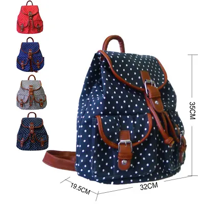 £11.95 • Buy New Womens Polka Dot Print Canvas Double Pocket Backpack Girls School Bag