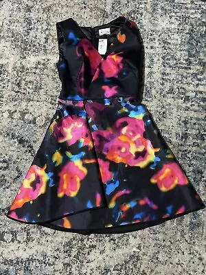 Milly Rosette Shift Dress Fit & Flare Floral Print Black Pink Neon Size 0 • $149.99