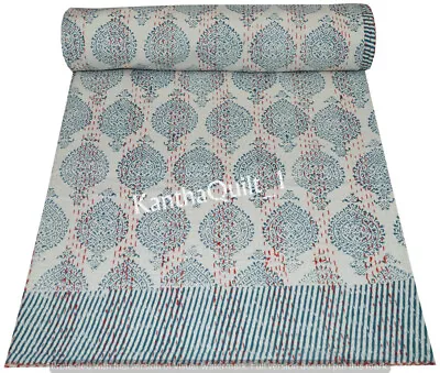 Indian Kantha Quilt Bedspread Bedding Throw Cotton Blanket Hand Block Print Art • £23.22