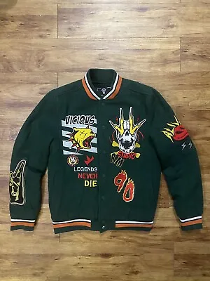 Men's Rebel Minds Green Embroidered Multi Patched Bomber Letterman Jacket Sz S • $75