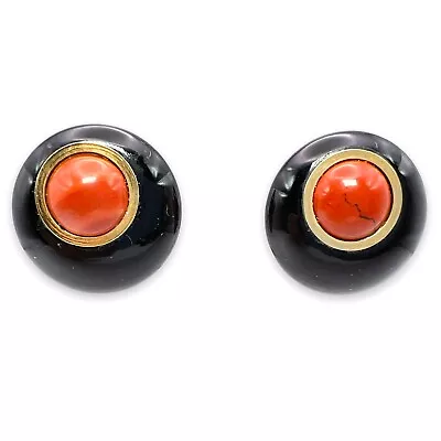 Vintage 80s Black Carnelian Red Color Cabochon Button Clip Earrings • $19.89