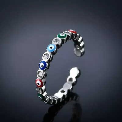 925 Silver Boho Crystal Rainbow Evil Eye Open Finger Rings Knuckle Women Jewelry • £1.47