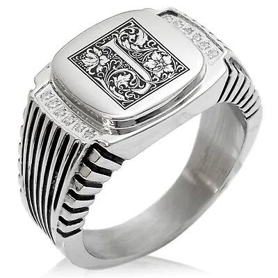 Stainless Steel Mens Royal Box Monogram Initial CZ Striped Biker Signet Ring • $15