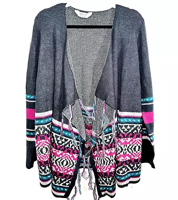 Womens Cardigan Open Sweater Fringe Hem Nordic Size L Print Tribal Boho Aztec • $19.95