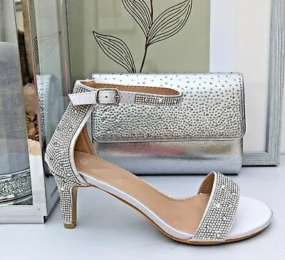 £24.99 • Buy Ladies Silver Diamante Gem Medium Slim Heel Ankle Strap Evening Sandals Shoes