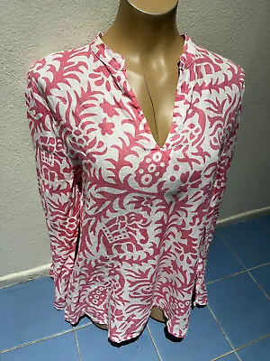 ISLAND COMPANY Pink White Linen Mandarin Beach Bell Sleeve Tunic  Women's Sz L • $22