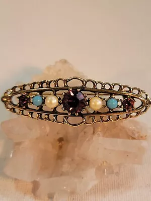 Vintage Emmons Bar Brooch Pin Purple Rhinestone Faux Perls Faux Turquoise Stones • $18.99