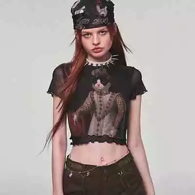 Y2k Vintage Streetwear Mesh T-shirt Women Dark Duke Cat Print Crop Top 10 • £34.99