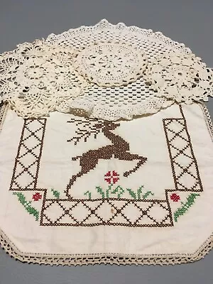 Vintage Deer Stag Embroidered Crochet Table Topper Doilies Cream Lot Of 5 READ • $14.48