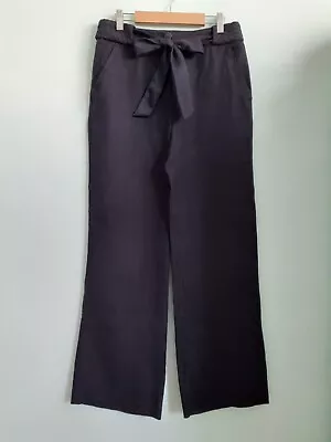 M&S Marks & Spencer Womens Navy Wide Leg Linen Trousers Belted Size 8 Regular • £10