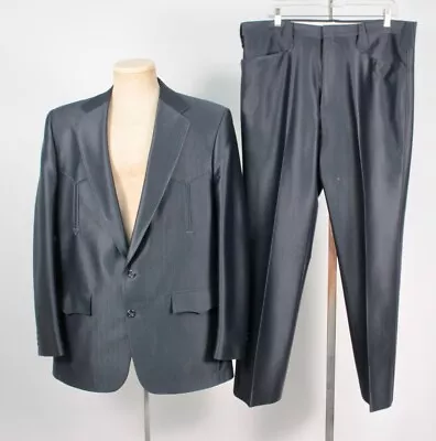 Mens VTG 70s 2 PC Dark Blue Western Leisure Suit Sz L/XL 1970s Polyester Disco • $109.99