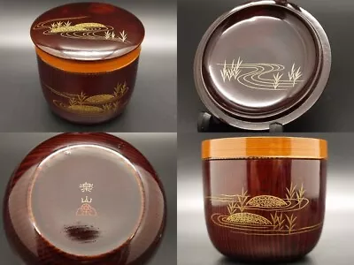 Japanese Lacquer Wooden Tea Caddy Old Style Shaped Natsume W/ Reed Maki-e (402) • £56.74