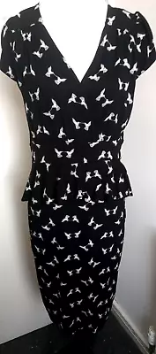 £9.99 • Buy Dorothy Perkins Peplum Dress Size 14 Bust 38  Love Bird Print Black Tie Back 