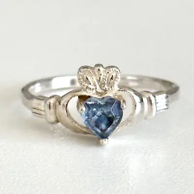 Vintage 925 Sterling Silver Ceylon Blue CZ Heart Claddagh Crown Ring Size 8 • $34.99