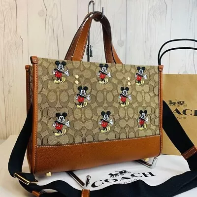 COACH Disney Mickey Mouse Tote Bag CM198 Brown Signature Jacquard Outlet • $198