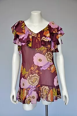 VTG Vintage 60s 1960s Sheer Floral Shift Mini Mod Dress W/ Ruffles XS/S • $24.99