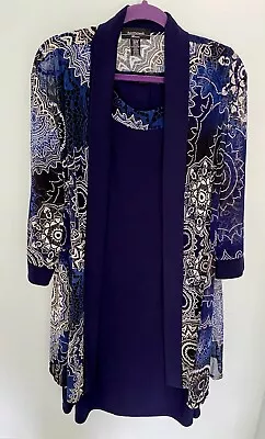 R & M Richards Navy Blue Sleeveless Dress Medallion Print Sheer Jacket Size 22 • $21.99