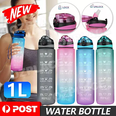 1L Water Bottle Motivational Drink Flask With Time Markings BPA Free Sport Gym • $10.85