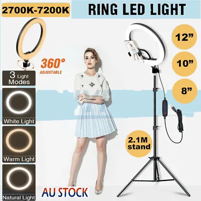 $45.50 • Buy 8“/10”/12“ LED Ring Light Dimmable Lighting Kit Phone+Selfie Tripod Makeup Lamp