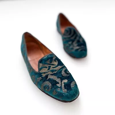 Stubbs & Wootton Velvet Loafers Size 9.5 Teal With Gold Swirls • $115