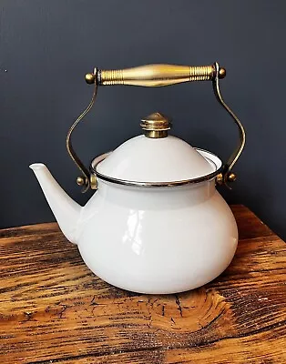Vintage White Enamel Tea Pot Kettle With Heavy Brass Hardware Handle • $45.50