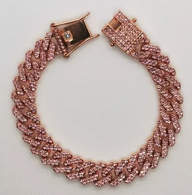 New Rose Gold Tone Pink Rhinestone Chunky Curb Chain Bracelet • £7.49